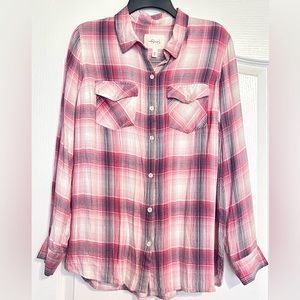 Jessica Simpson Pink Plaid Long Sleeve Button Front Women’s Viscose Top